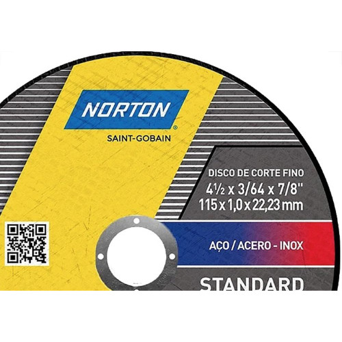 Disco Aco Inox Norton Standart - 4.1/2''X1,0''X7/8'' - Fino