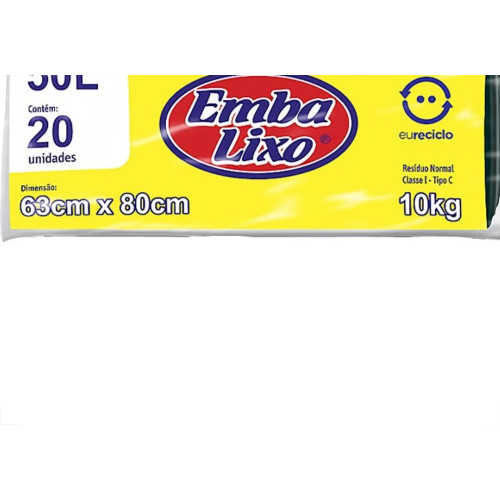 Saco De Lixo Embalixo 50L 63X80Cm Preto Pacote Com 20 Sacos