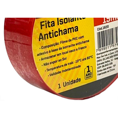 Fita Isolante Thompson 10M Vermelha - 1620 - Kit C/10 Pecas