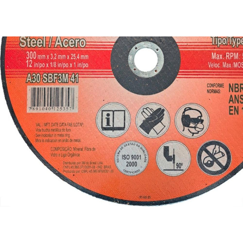 Disco Corte Ferro 3M - 12''X1/8''X 1'' - 2 Telas 3Mm
