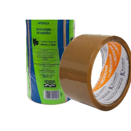 Fita Adesiva Embalagem Koretech Marrom 48Mm X 45M - Kit C/5 Pecas