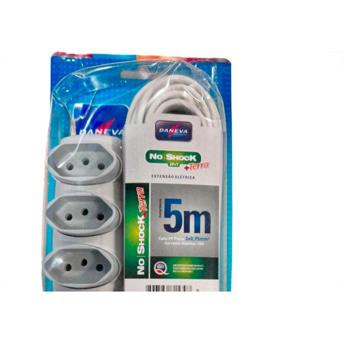 Extensao Daneva No Shock Pp 0,75Mm 2 Polos + Terra Cinza - 5M - 1539