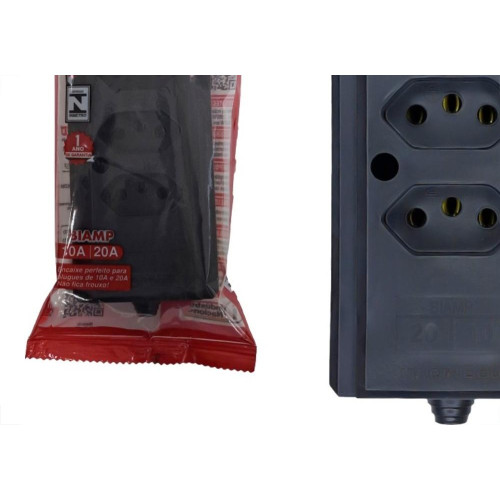 Tomada Barra Interneed 2 Polos +Terra Preta 20A. Quadrupla