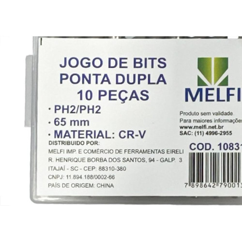 Ponteira Para Parafusadeira Melfi Ponta Dupla Phillips 65Mm Com 10 Pecas