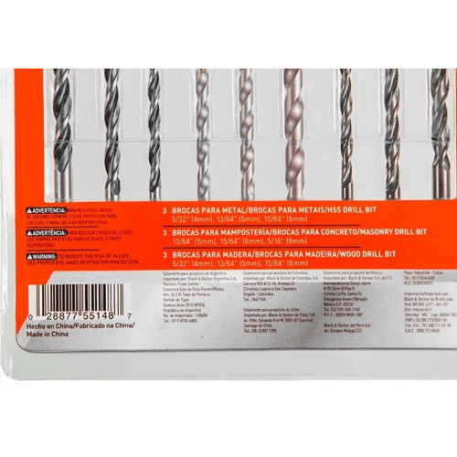 Broca Kit Black+Decker Com 9 Pecas (Concreto 5/6/8Mm)-(Aco Rapido 4/5/6Mm)-(Madeira 4/5/6Mm)