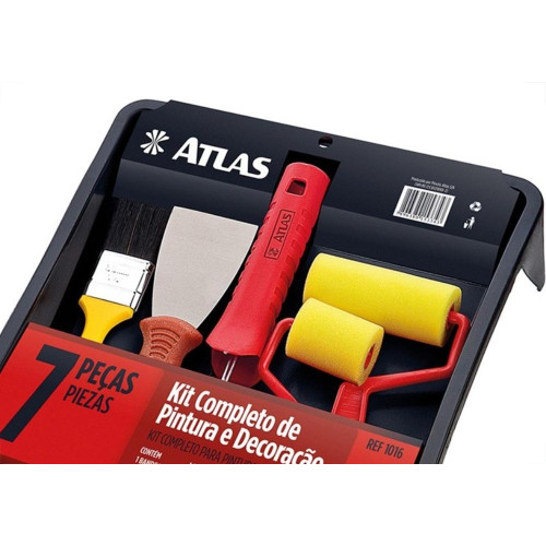 Kit Pintura Atlas Com 7 Pecas - Bandeja + Garfo + 3 Rolos + Espatula + Trincha