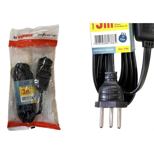 Extensao Daneva Sort 2 Polos + Terra Pp 0,75Mm Preta - 3M - 1786