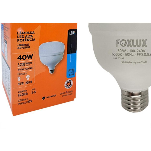 Lampada Led Alta Potencia Foxlux 40W. 3600Lm Bivolt 6500K.