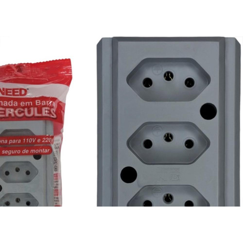 Tomada Barra Interneed 2 Polos +Terra Cinza 10A. Tripla