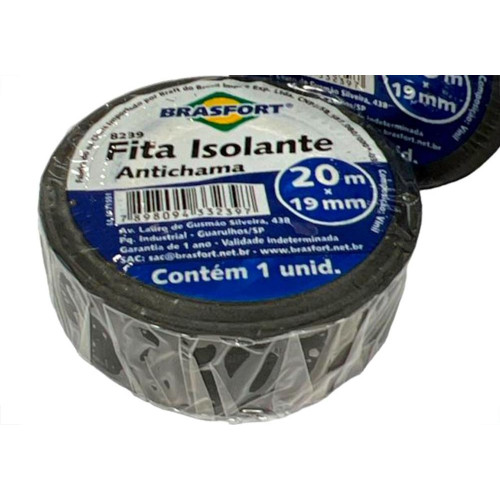 Fita Isolante Brasfort 20M Preta Antichama - 8239 - Kit C/10 Pecas