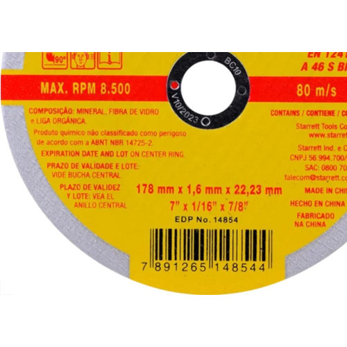 Disco Starrett Inox 7  X 1,6X7/8'' - Kit C/12 PC