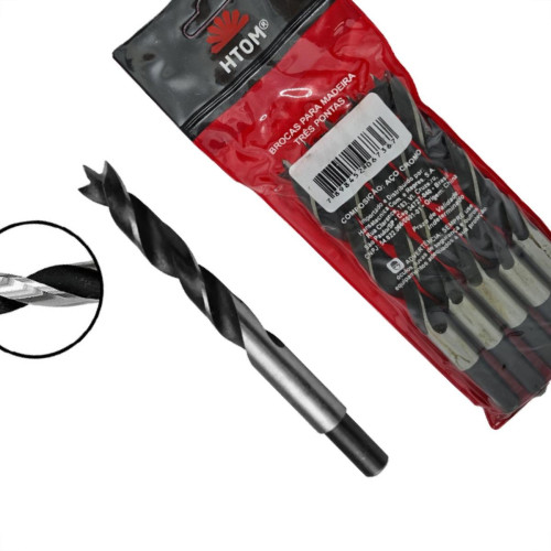 Broca Aco Carbono 3 Ponta Htom 12Mm - Kit C/5 PC