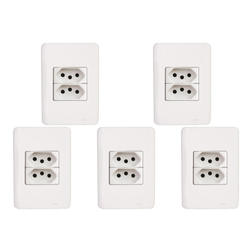Kit C/5 - Conjunto Perlex Aros 4X2 Branco Com Placa(2Toma...