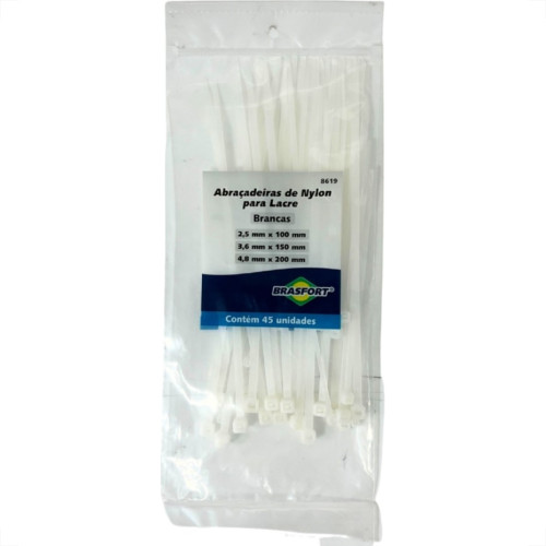 Abracadeira Nylon Brasfort Branca Kit 3 Medidas 45 Pecas 8619