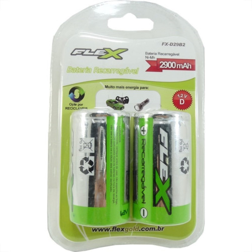 Pilha Recarregavel Flexgold Grande ''D'' Com 2 Pecas 2900Mah Fx-D29B2
