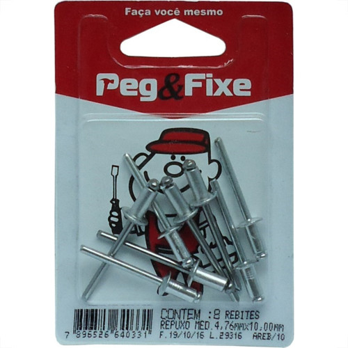 Cartela Rebite Repuxo Aluminio 4,76X10Mm Peg&Fixe 8 Pecas Areb/10