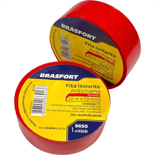 Fita Isolante Brasfort 10M Vermelha - 8650 - Kit C/10 Pecas Fita Isolante Brasfort 10M Vermelha - 8650 - Kit C/10 Pecas