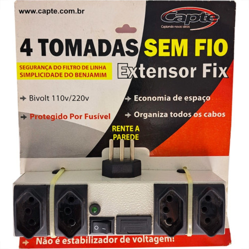 Filtro Linha Capte 4 Tomadas 2P+T Sem Fio Bivolt Com Fusivel Interruptor E Led Indicador De Tensao.