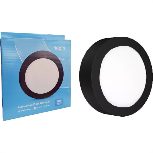 Plafon Led Sobrepor Elgin Redondo 18W. 6500K. Bivolt Preto