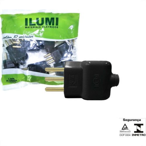 Pino Prensa Cabo Ilumi 2 Polos+Terra 20A. Preto - 14071Pct - Kit C/10 Pecas