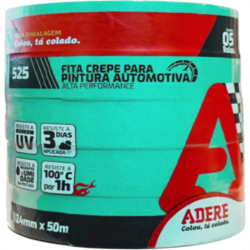 Fita Crepe Adere Verde Para Pintura Automotiva 525 - 24Mm X 50M - Kit C/5 Pecas