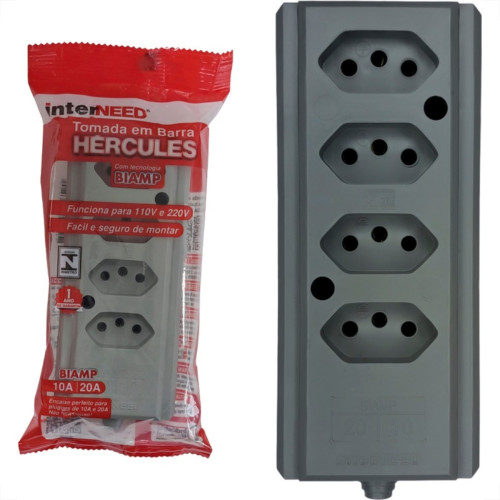 Tomada Barra Interneed 2 Polos +Terra Cinza 20A. Quadrupla