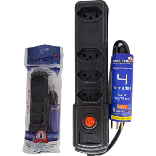 Filtro Linha Naticon 4 Tomadas 2P+T Preto